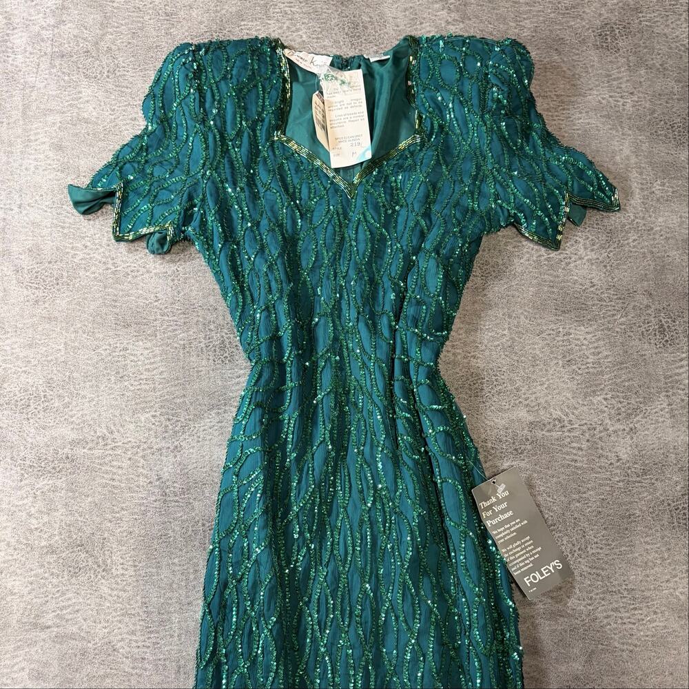 Vintage NWT Silk Green Embellished Fairy Hem Maxi Dress